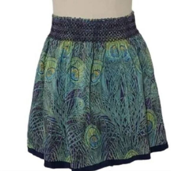 Anthropologie Silk Skirt Peacock Feather Print Kimchi Blue - Picture 4 of 14